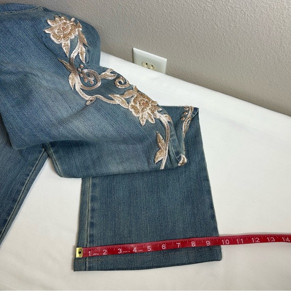 Boston Proper Stretch Blue Wash Mid Rise Flare Bead Embroidery Floral Jeans 12 - Picture 14 of 16